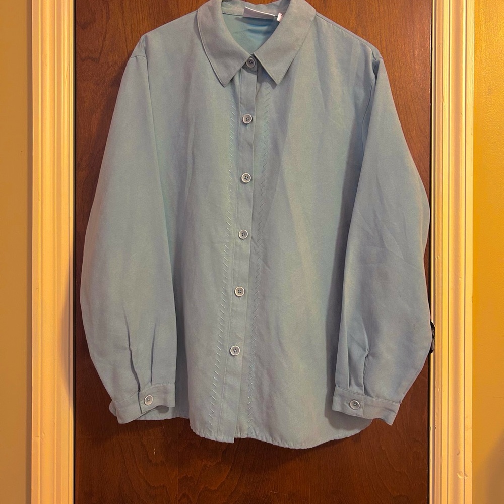 Parisian Works Sky Blue Petite Sueded Button Down Shirt